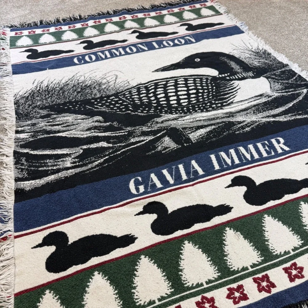 Vintage Common Loon Gavia Immer Woven Tapestry Throw Blanket Fringed Cabin Decor